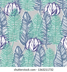 Vector illustration, Tropical summer. tropical leaves,cacti, Handmade, seamless pattern, white background