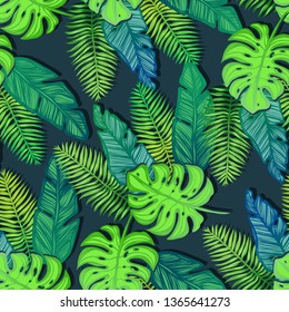 Vector illustration, Tropical summer. tropical leaves,cacti, seamless pattern, dark background, Handmade