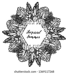 Vector illustration, Tropical summer. tropical leaves,cacti, white background, Handmade, print on t-shirt