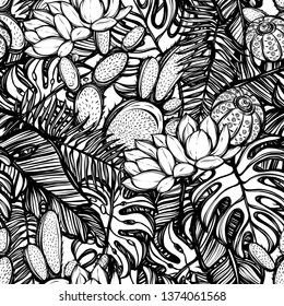 Vector illustration, Tropical summer. tropical leaves,cacti, light background, Handmade, seamless pattern
