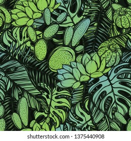 Vector illustration, Tropical summer. tropical leaves,cacti, Handmade, seamless pattern, dark background