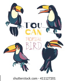 Vector illustration Tropical summer set with toucan birds. Ink splatter grunge style.