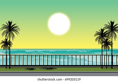 vector illustration of tropical sunrise over the ocean. palm trees, seafront  and bright sun 