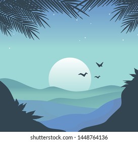 Vector illustration of tropical sunset landscape.