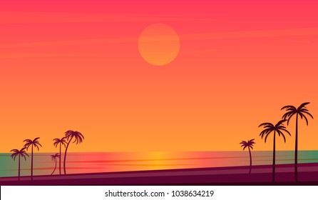  vector illustration of tropical sunset over ocean and coast 
