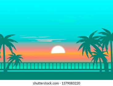 vector illustration of tropical sunset over the ocean beach,palm trees and promenade