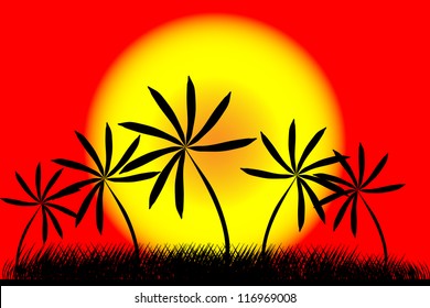 Vector illustration of a tropical sunset and palm trees