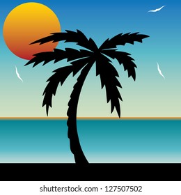 Vector illustration of a tropical sunset and palm tree.vector