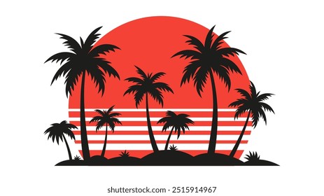 Ilustración vectorial de un atardecer tropical con palmeras silueteadas contra un sol rojo. Ideal para diseños con temas de playa, anuncios de vacaciones o gráficos relacionados con el verano.