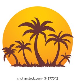 Vector illustration of a tropical sunset and palm trees on a small vacation island paradise.