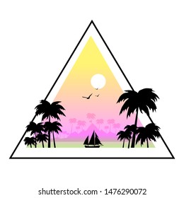 vector illustration of tropical sunset and ship with palm island
