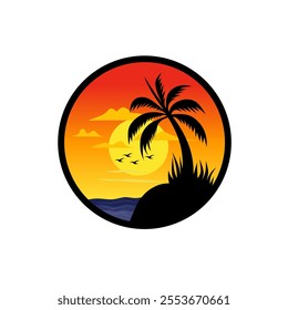 Vector illustration of tropical sunset with silhouettes of coconut trees against orange sky. Birds fly over the ocean, capturing the peaceful beach scene. Perfect for nature themed t-shirt designs.