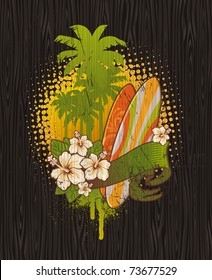 Vector illustration - Tropical surf emblem painting on a wood board