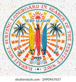 Ilustración vectorial con tema de tabla de surf tropical, diseño para camisetas, tipografía diversa para imprimir póster, Anuncio, etc