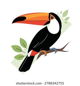 A vector illustration of a tropical toucan bird with a large colorful beak perched on a tree branch with green leaves