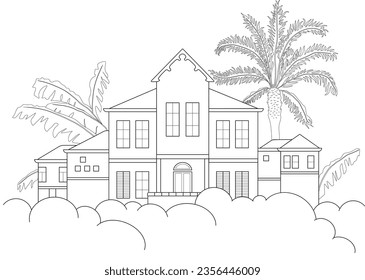 Vector illustration Tropical villa with the garden 