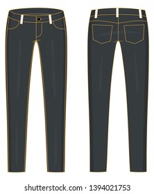 Vector illustration of trousers. Front and back views of denim jeans.