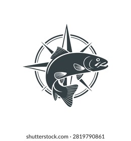 Vector illustration of a trout fish jumping in front of a compass rose, perfect for fishing club logos, outdoor adventure branding, and nautical designs.