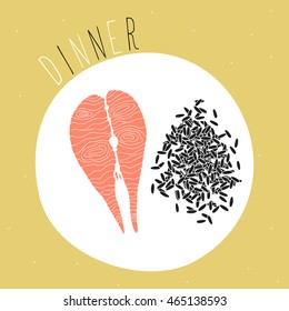 Vector illustration of trout and rise on a plate. Healthy food on yellow background