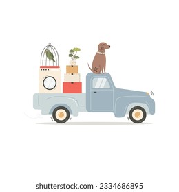 Vector illustration of a truck carrying the belongings to a new home. Relocation, moving, delivery service concept. New apartment moving