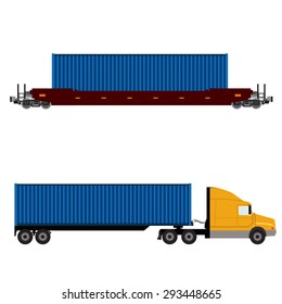 Vector illustration of  truck with container and freight train icon set. Logistic network. Container rail