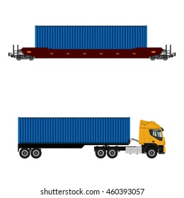 Vector illustration of truck with container and freight train icon set. Logistic network. Container rail
