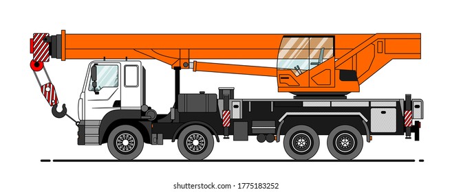 Vector illustration of a truck crane, side view. Template for corporate identity, branding and advertising, mockup. Car with crane, crane jib; construction, loading. High detailed vector illustration.