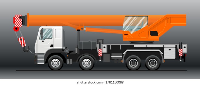 Ilustración vectorial de una grúa de camión, vista lateral. Plantilla para identidad corporativa, marca y publicidad, burla. Coche con grúa, manija de grúa; construcción, carga. Ilustración vectorial muy detallada.