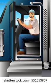 A vector illustration of Truck Driver Inside of His Truck