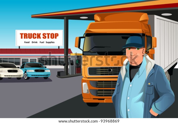 A\
vector illustration of a truck driver at a truck\
stop