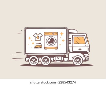 Vector illustration of truck free and fast delivering washing machine to customer. Line art design for web, site, advertising, banner, poster, board and print.