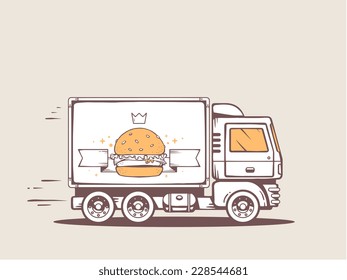 Vector illustration of truck free and fast delivering big burger to customer. Line art design for web, site, advertising, banner, poster, board and print.