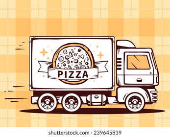 Vector illustration of truck free and fast delivering pizza to customer on pattern background. Line art design for web, site, advertising, banner, poster, board and print.