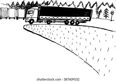 Vector illustration with truck. Hand drawn ink sketch. Black and white.