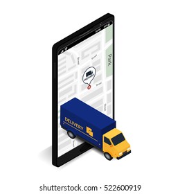 Vector illustration. The truck on the mobile phone screen with map. Icon order delivery. Isometric, 3D. Design for commercial free fast shipping, web banner, brochure, business card. Online tracking