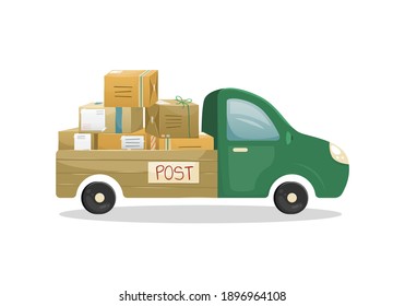Vector illustration of a truck with an open trailer with a bunch of mail parcels in boxes. Mail delivery.
