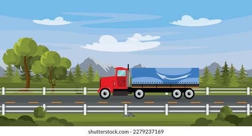 Vector illustration a truck rides along the highway. Surrounded by trees, roadside bumpers, under clear skies, and mountains looming in the distance.