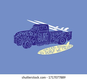 Vector illustration of truck with surfboard.