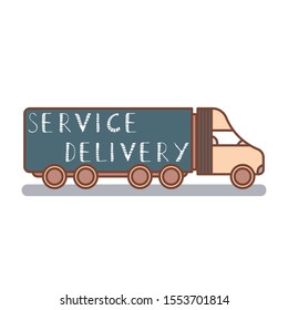 Vector illustration with truck trailer in flat style with a text "Service delivery" on it. Lorry isolated on white background. Design for card, poster, social  media, banner. Transportation concept