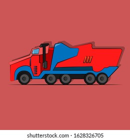 vector illustration of a truck for transporting garbage of red and blue on five wheels on a red background