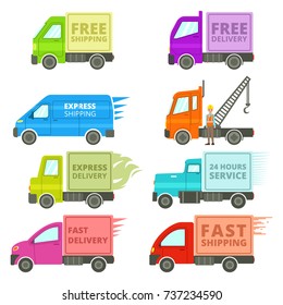 A vector illustration of Trucks With Free or Fast Shipping Signs