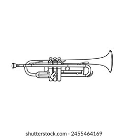 Vector illustration of trumpet, brass equipment, hand-drawn sketch, and blow musical instrument. Vector outline line art. Isolated on a white background.