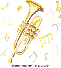 Vector illustration of a trumpet. Classical musical instruments. Warm colors