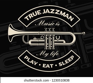 Vector illustration of trumpet on the dark background. 