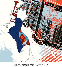 Vector illustration of a trumpet player in the city