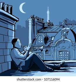 Vector illustration of trumpet player on a roof in Paris