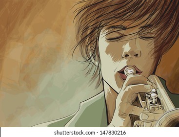 Vector illustration of a trumpet player in watercolor style