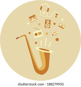 Vector illustration of trumpet, radio, speaker, piano, microphone, cassette, headphones, player