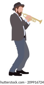 vector illustration of trumpeter in formal clothes playing his musical instrument golden trumpet 	