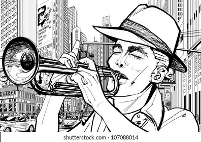 Vector illustration of a trumpeter in a New York street